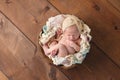 Newborn Girl Sleeping in Wooden Bowl