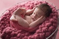 Newborn Girl Sleeping in Wooden Bucket