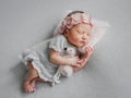 Newborn Girl Sleeps In Gray Dress With Flamingo Toy