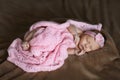 Newborn girl who is sleeping cute, soft pink scarf, covered with flowers, bare hands and feet, small fingers Royalty Free Stock Photo