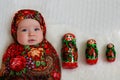 Newborn girl Matryoshka Doll smilling, Russian Nesting Dolls Photo Props, Matryoshka Photo Backdrops