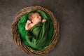 A newborn in a green cloth in a wicker basket Royalty Free Stock Photo