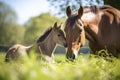 newborn horse being cared for by mother in sunny meadow