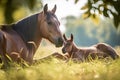 newborn horse being cared for by mother in sunny meadow