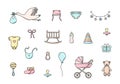 Newborn icons set. Vector illustration of elements for a little baby. baby stroller, baby work, rattles and teddy bear and much Royalty Free Stock Photo