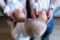 Newborn Identical twins on the bed, on a white background. Life style, emotions of kids. Infant Babies Royalty Free Stock Photo