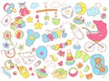 Newborn infant themed doodle set. Baby care, feeding, clothing,