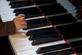 Newborn kid hand trying to play piano