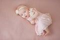 Newborn little girl in a soft pink dress on a pink powdery blanket, background