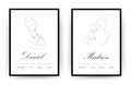 Newborn metric. Baby Shower poster with name, date of birth, weight and height. Mother and child in linear style. One