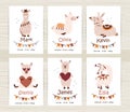 Newborn metrics collection. Baby shower invitation posters with cute llamas for girl and boy. Royalty Free Stock Photo