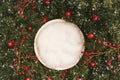 Newborn photography background - white bowl on pine tree background, with snow, pinecones and ornaments. Christmas newborn