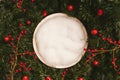 Newborn photography background - white bowl on pine tree background, with snow, pinecones and ornaments. Christmas newborn