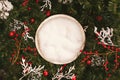 Newborn photography background - white bowl on pine tree background, with snow, pinecones and ornaments. Christmas newborn