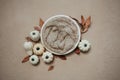 Newborn photography fall backgrund - white bowl with white and cream pumpkins, dry brown leaves on beige backdrop