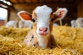 A newborn red and white calf lies in a haystack