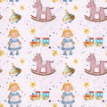 Newborn room seamless pattern with doll and toys, colorful background, children`s wallpaper