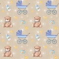 Newborn room seamless pattern with plush bear and stroller, colorful background, children`s wallpaper