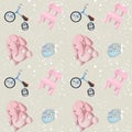 Newborn room seamless pattern with plush elephant and toys, colorful background, children`s wallpaper