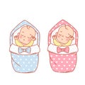 Newborn sleeping baby girl and boy in swaddle, blanket Royalty Free Stock Photo