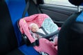 Newborn sleeping in car seat.Safety concept. Infant baby girl. secure driving with children. Baby care lifestyle Royalty Free Stock Photo