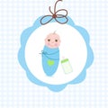 Newborn swaddle baby boy with bottle greeting card Royalty Free Stock Photo