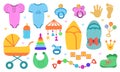Newborn things. Cute set of things for childrenhood. Isolated icons of baby goods for newborns. Clothing, toys, accessories for