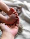 Newborn tiny foot in mothers hand
