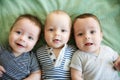 Newborn triplets are lying in the bed Royalty Free Stock Photo