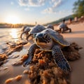 newborn turtles crawl along the sandy beach to the water. Concept: protection of animals and the planet