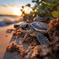 newborn turtles crawl along the sandy beach to the water. Concept: protection of animals and the planet