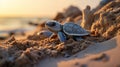 newborn turtles crawl along the sandy beach to the water. Concept: protection of animals and the planet