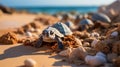 newborn turtles crawl along the sandy beach to the water. Concept: protection of animals and the planet