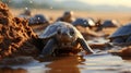 newborn turtles crawl along the sandy beach to the water. Concept: protection of animals and the planet