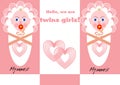 Newborn twins girl announcement with two babies in pink design