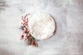 Newborn winter background - round cream bowl with CHristmas red berries and snow covered branches  garland on white backdrop Royalty Free Stock Photo