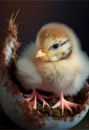 Newborn yellow chick in eggshell. AI generated.