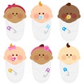 Diverse group of newborn babies wrapped in cloth blankets. Cute swaddled newborn baby infants. Vector Illustration collection Royalty Free Stock Photo