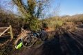 Newburn, England: Feb 2022: Ebiking e-bike in north east on a sunny winter day. E-mountain bike parked no people Royalty Free Stock Photo