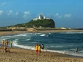 NEWCASTLE, AUSTRALIA- APRIL, 3, 2016 nobbys head and beach goers enjoying the outdoors in newcastle