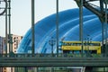 Bus crossing the Tyne Bridge and Sage Gateshead Concert Hall in Royalty Free Stock Photo