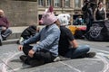 Activist protesters at animals right protest in busy city centre wearing animal masks to highligh cruelty and promote vegan vegani Royalty Free Stock Photo