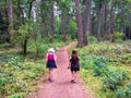 A family walking along a pathway surrounded by beautiful forest on Newcastle Island, outside Nanaimo, British Columbia, Canada.