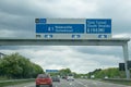 British Motorway sign on the A1 directing transport and drivers towards Newcastle,