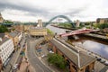 Newcastle upon Tyne England - July 2012: Tyne Bridge during the British Olympics. Olympic Rings on the bridge