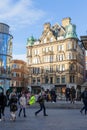 Newcastle upon Tyne England: Feb 2019: Grainger Street - Grey`s Monument. Emerson Chambers Newcastle Waterstones building Royalty Free Stock Photo