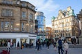 Newcastle upon Tyne England: Feb 2019: Grainger Street - Grey`s Monument. Emerson Chambers Newcastle Waterstones building Royalty Free Stock Photo