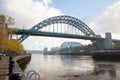 Newcastle upon Tyne England - Oct 2018: Tyne Bridge on a foggy Autumn morning with a wide-angle Royalty Free Stock Photo