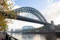 Newcastle upon Tyne England - Oct 2018: Tyne Bridge on a foggy Autumn morning with a wide-angle Royalty Free Stock Photo
