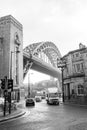 Newcastle upon Tyne England - Oct 2018: Tyne Bridge on a foggy winter morning in moody black and white. With traffic passing